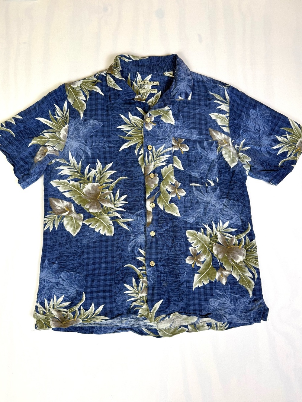 Batik Bay 100% Silk Hawaiian Camp Shirt Blue Floral Tropical Button‎ Up M